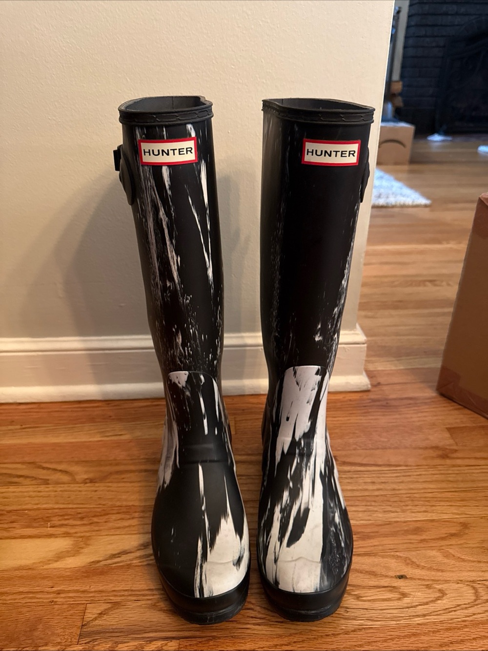 Hunter Black and White Marbled Tall Wellington Rain Boots Limited Edition